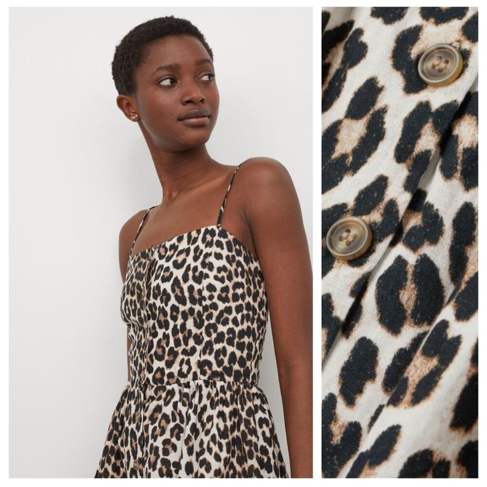 H&M Light Beige Leopard Animal Print Linen Blend Midi Dress
